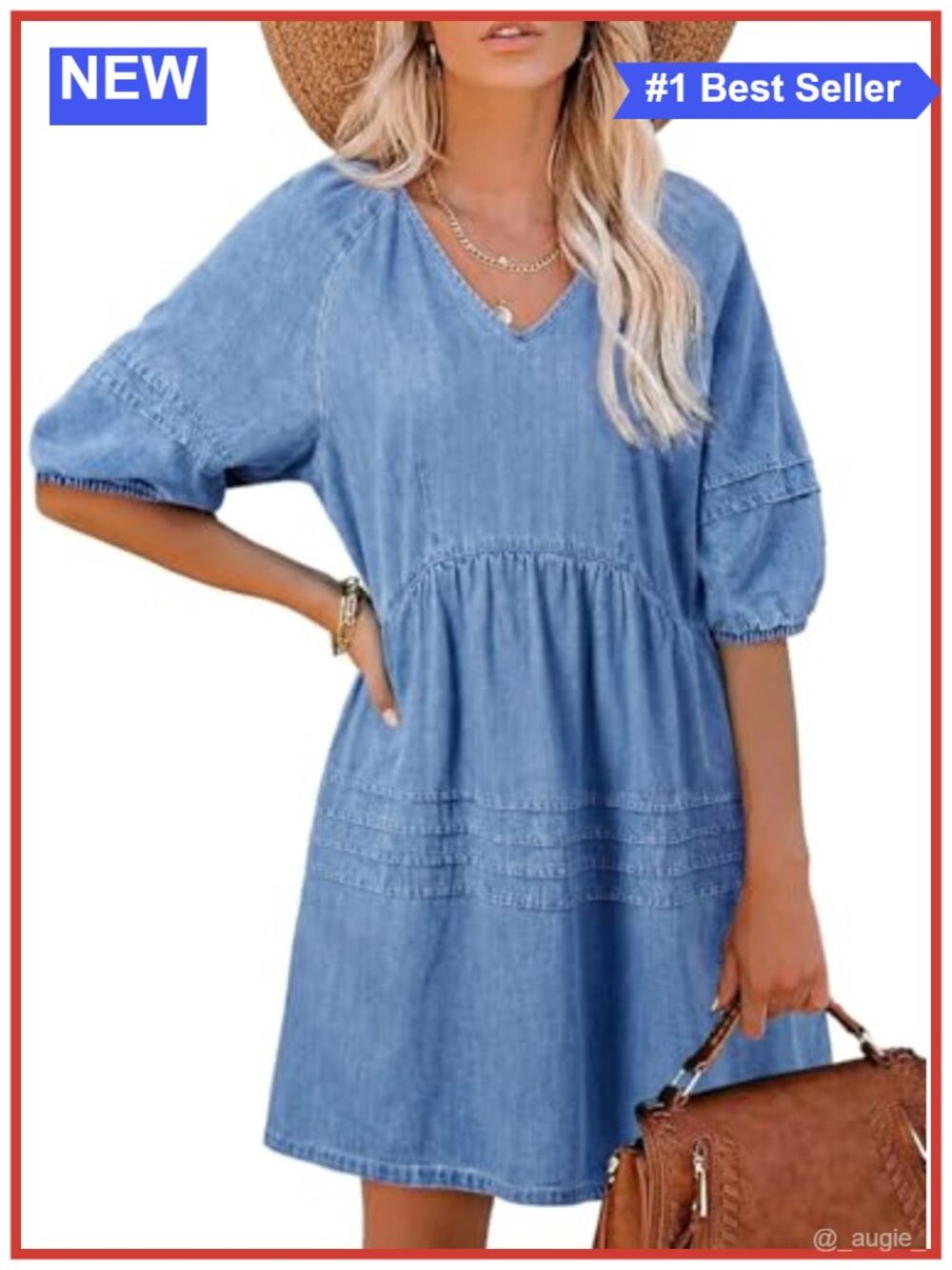 Womens Denim Dress V Neck 3/4 Sleeve A Line Mini Casual Summer